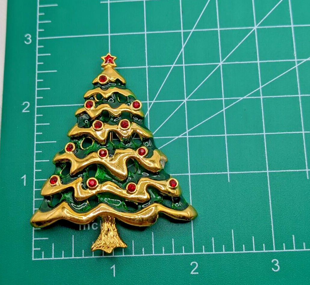 Vintage Christmas Tree Brooch Pin Statement Tiered Green Enamel Gold