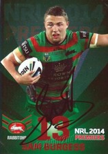 Signed 2014 SOUTH SYDNEY RABBITOHS NRL Premiers Card SAM BURGESS