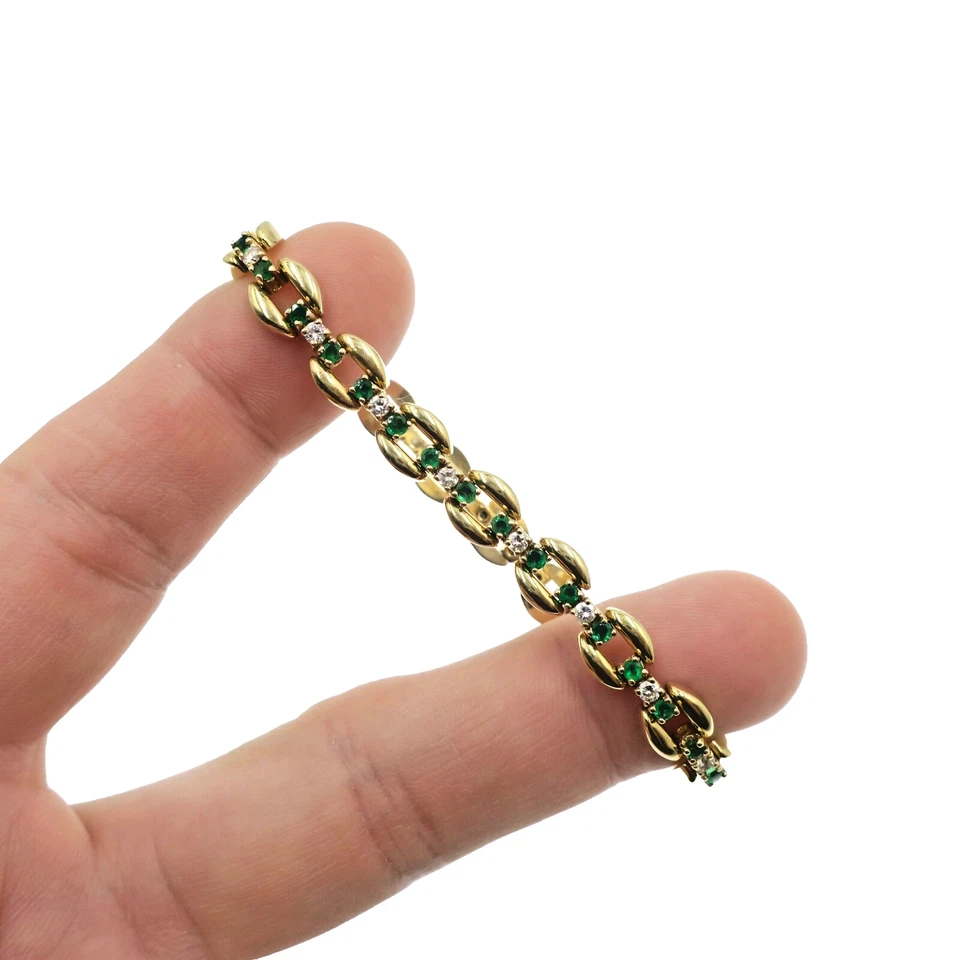 Wonderful 14k Solid Yellow Gold Natural Emerald and Diamond Tennis Bracelet 7 in - Image 2 of 4