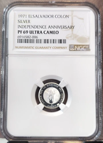 1971 EL SALVADOR SILVER 1 COLON INDEPENDENCE ANNIV NGC PF 69 ULTRA CAMEO TOP POP