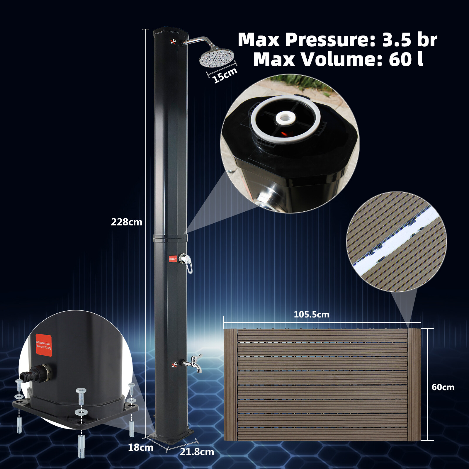 Solardusche mit Bodenplatte 35 40L Solar Gartendusche Pooldusche