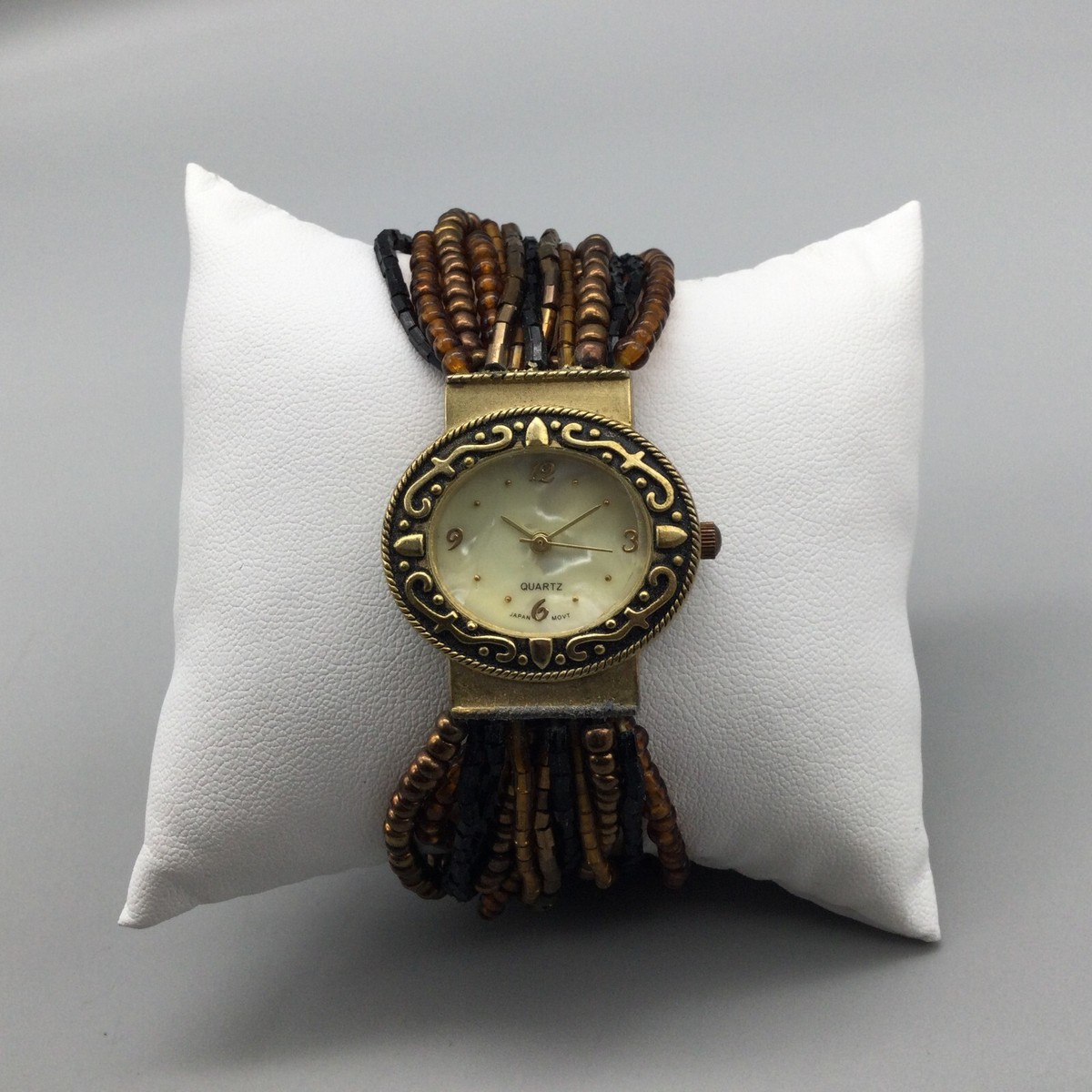 Multi Strand Beaded Watch Women 29mm Oval MOP Dial Gold Tone 