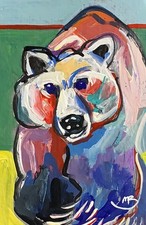 Art Colorful Walking Bear Acrylic Original ACEO painting 2.5x3.5 in. Art Board