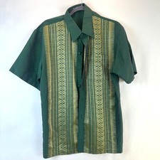 Mens Thai Silk Green  Gold Short Sleeve Shirt W/Collar