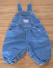 Vintage Oshkosh Baby B'Gosh Bubble Leg Light Denim Vestbak Overalls 3-6M Pink