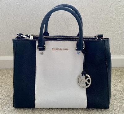 Michael Kors Sutton Satchel Black White Center Stripe Pre Loved Great Condition