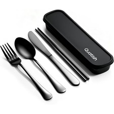 5 Piece Travel Utensils with Case, Portable Cutlery Set, Black Stainless Steel,