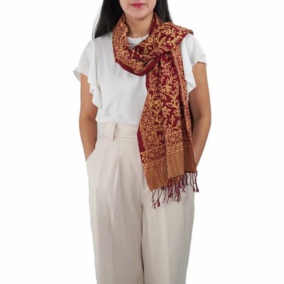 Handmade Batik Scarf, Soft Cotton, Red Burgundy Auburn Cherish