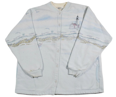 Vintage Lighthouse Button Blue White 90s Beach Ocean Sweatshirt Size Medium