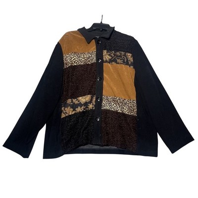 First Option TOO! Women's 1X Plus Size Patchwork Button Front Jacket Black Brown