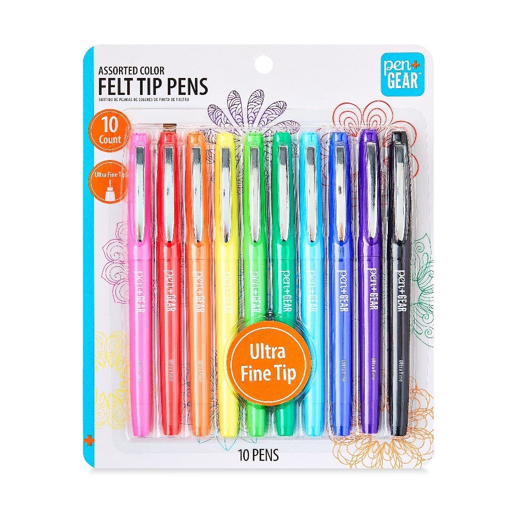 Ultra Fine Point Felt Tip Pens Assorted Ink Colors 10 Count Marker Set