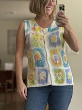 Vintage Susan Bristol Embroidered Colorful Dog Cat Animal Sweater Vest Top EPIC