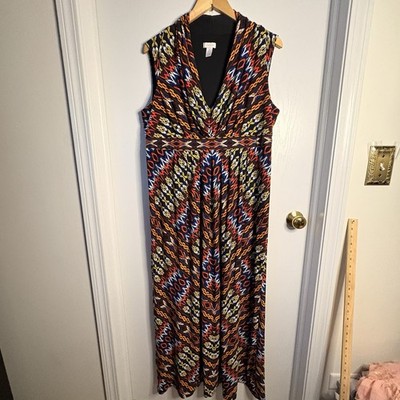 Chico's Geometric Multicolor Maxi Dress SzXL Ruched Jersey Stretch V-Neck Tribal