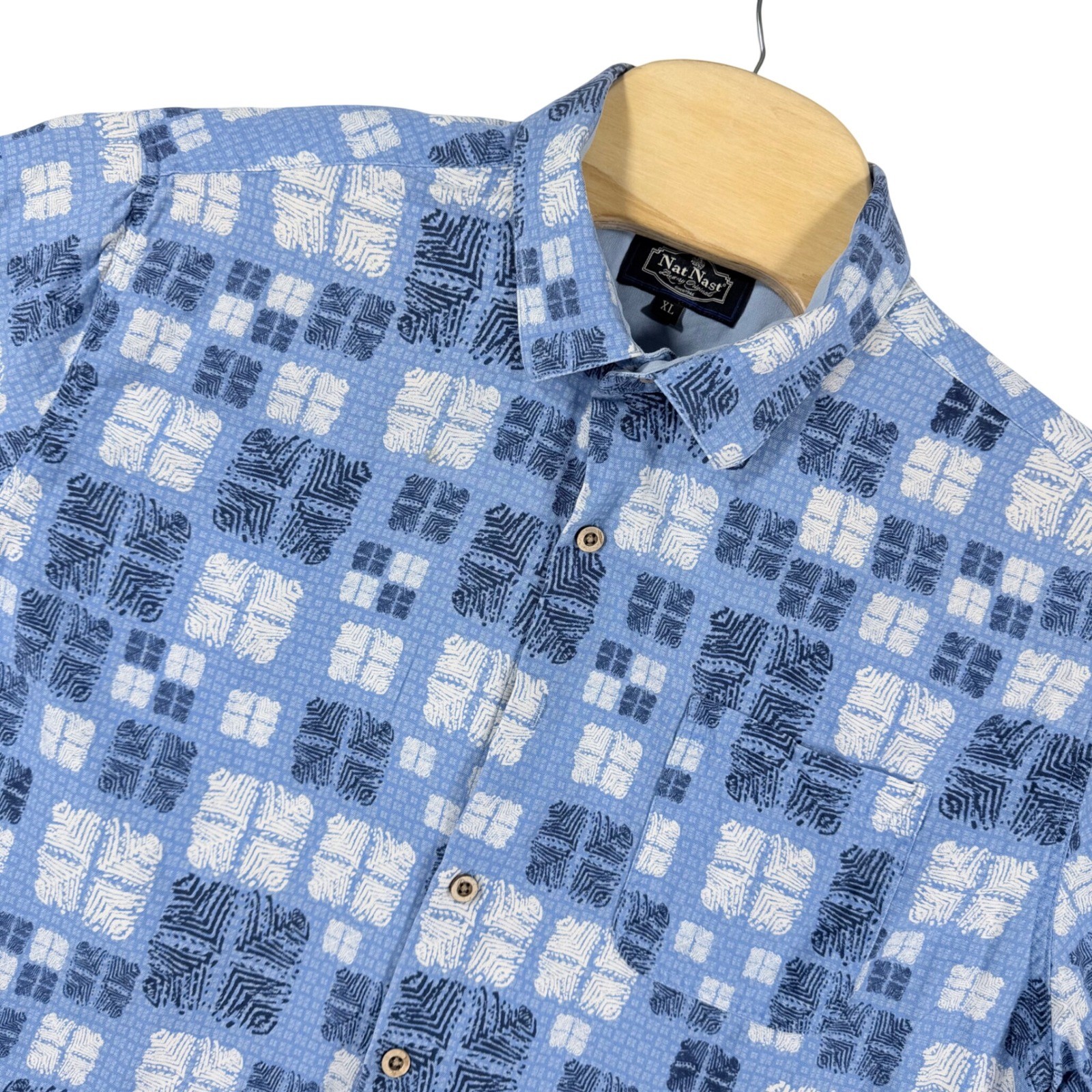 Nat Nast Mens XL Blue Silk Cotton Geometric Print Short Sleeve Button Up Shirt