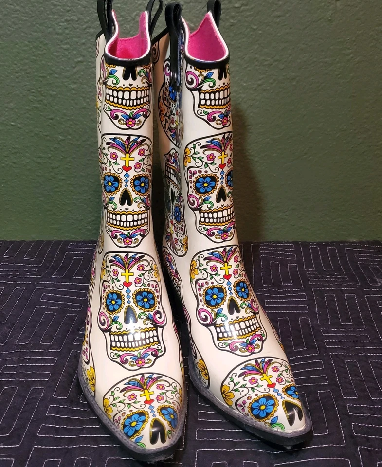 Blazin Roxx Botas de Lluvia Calavera de Azúcar Puntera Cuadrada Talla 8 Vaquero Día de Muertos Foto 2 de 4