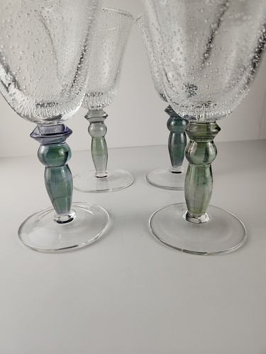 4 Pottery Barn Handblown Bubble Art Glass Wine Water Goblets Green Iridescent 7" - Picture 6 of 7