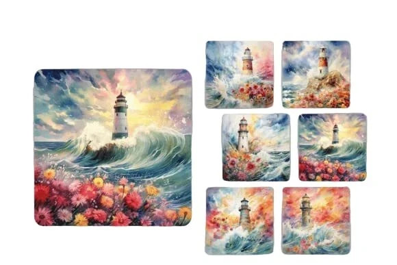 Set of 6 Square Wartercolour Lighthouse MDF Coasters