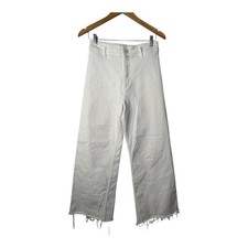 Zara Wide Leg Cropped Jeans High Waist Distressed Hem White Women Size 6