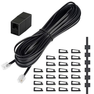 Phone Extension Cord 33 Ft RJ11 Cable In Line Coupler 20 Cable Clips Black