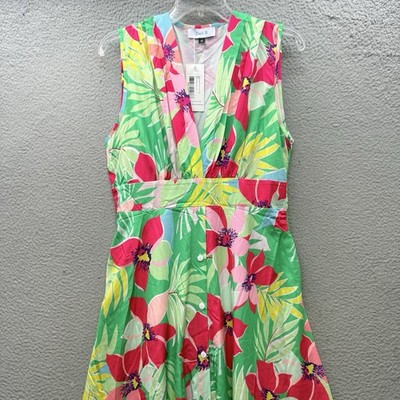 Deli.s Women s Green Pink Rose Floral Print Midi Sundress Button Women s Size 10