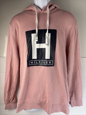 TOMMY HILFIGER Skater Hoodie Mens L Pink H Logo Sweatshirt Casual Soft Hip Hop
