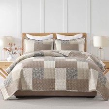 100 Cotton Quilt Set King Size - Plaid Quilted Comforter, Patchwork Botanica...
