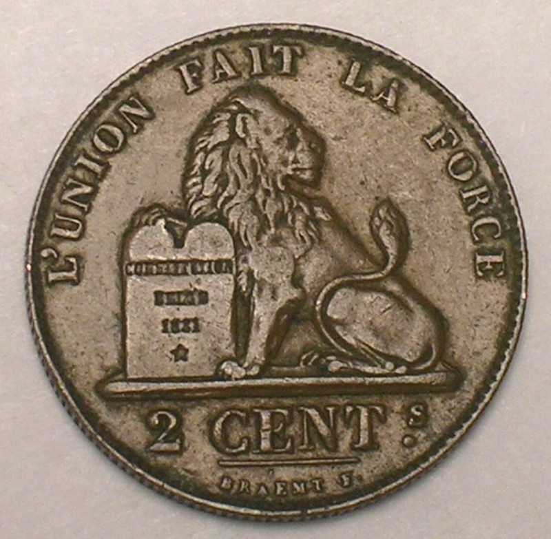 1860 Belgium Belgian 2 Centimes Lion Monogram Civil War Era Coin F+
