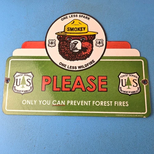 Vintage Forest Service Sign - Smokey Bear Please Prevent Gas Porcelain Sign