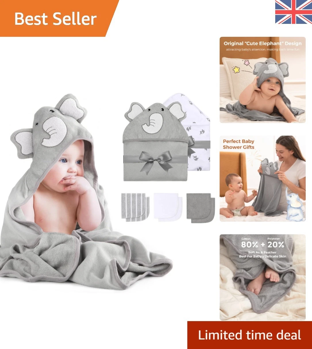 Baby Bath Towel Set - 2 Hooded Towels & 6 Wash Cloths, Grey Delight
Opens in a new window or tab
