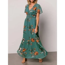 Baltic Born Birdie maxi dress in Eucalyptus Floral smocked chiffon formal boho L