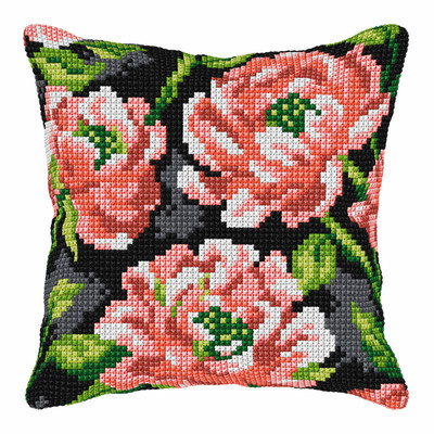 Orchidea Cross Stitch Kit: Cushion: Large: Flowers on Black Background