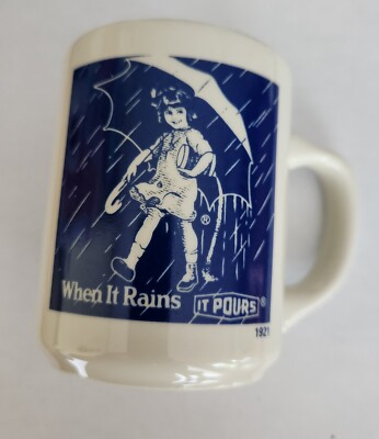 Vintage 1970s Morton Salt Ceramic Mug, 1921 Umbrella Girl When It Rains It Pours