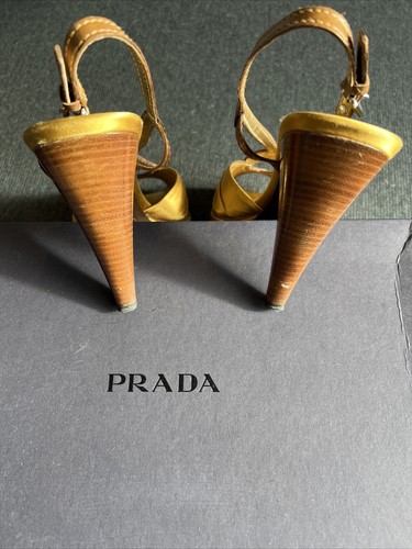 Sandalo Vintage Prada 10,5/40,5 Oro Marrone Calzatura Donna Raso Vitello Ocra 1K8371 - Foto 5 di 7