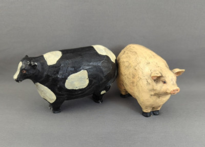 Lot of 2 Fat Cow and Pig Country Farm Rustic Primitive Figurine Shelf Decoration