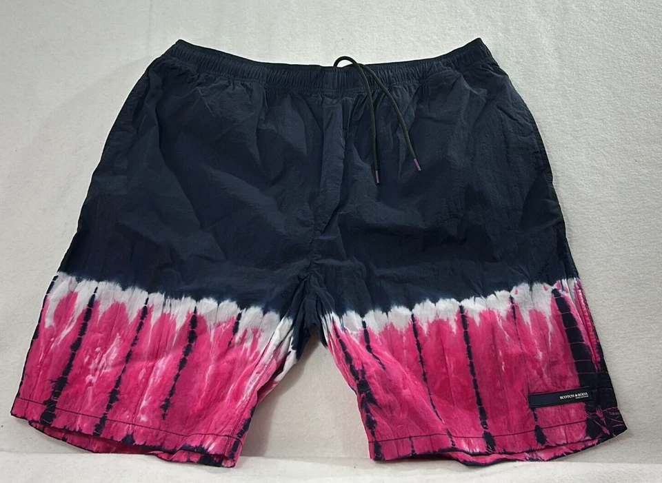 Scotch & Soda Bermuda Shorts Blue Pink Tie Dye Regular Fit Drawstring Mens Sz L