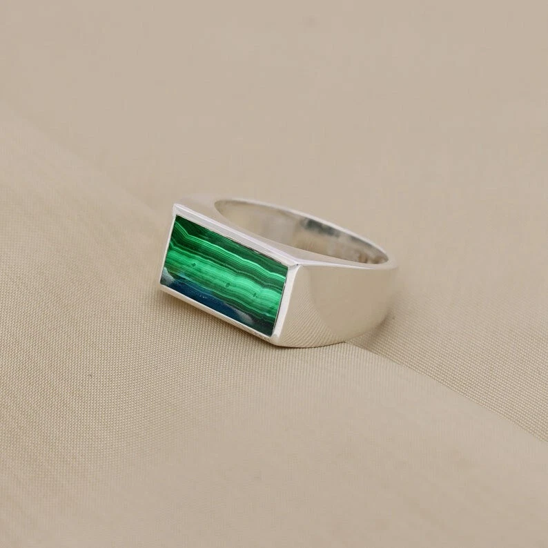 Anillo Malaquita Verde Plata Esterlina 925 Para Hombre Anillo Sello Anillo Regalo Para Él Foto 2 de 4