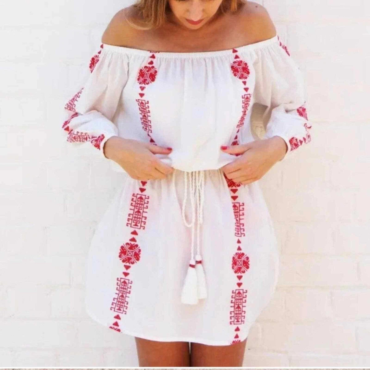 Red and white bardot dress Clearance