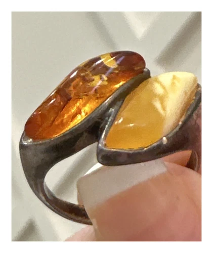 Estate vintage two types of Amber sterling silver ring size 8.75–5 G
