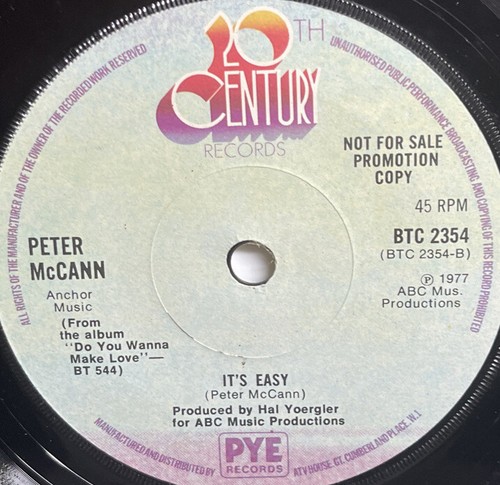 PETER McCANN IT'S EASY 7" VINYL ADVANCE PROMO 1977 20th CENTURY BTC 2354 - Bild 3 von 4