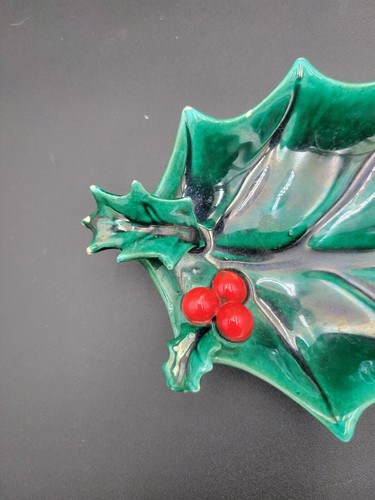 Vintage Lefton Green And Red Holly Candy Dish Holidays Christmas B1 - Picture 8 of 10