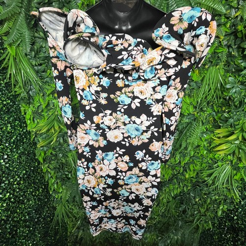 VAVAVOOM Dress Women Medium Black Off Shoulder Floral Print Fitted Bodycon 1196 - Picture 7 of 7