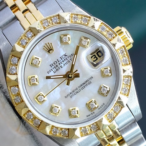 Rolex Ladies Datejust Two-Tone White MOP Dial Diamond Bezel 69173 w/ Orig Box - Foto 1 di 22