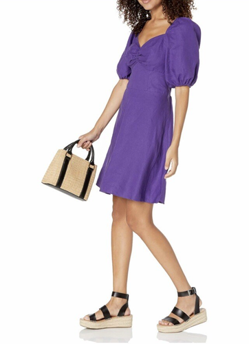 DAMEN GRÖSSE M (8/10) LILA LEINEN GEDREHTE VORDERSEITE MINIKLEID - THE DROP