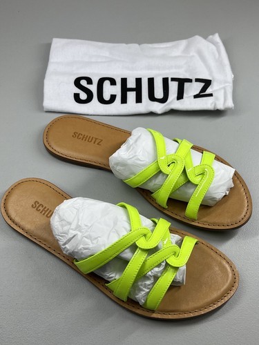Schutz Patent Leather Flat Strappy Sandals Slides Size 11 Acid Yellow