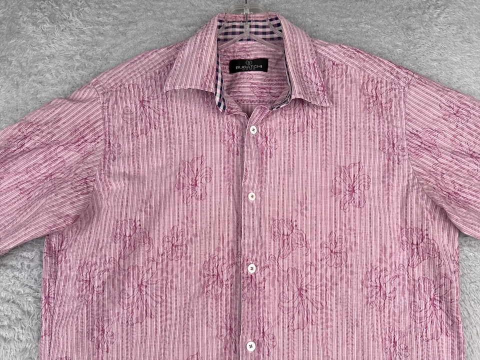 Camisa Bugatchi Uomo Hombre Mediana Rosa Floral Rayas Mezcla Algodón Botón Hawaiano Foto 4 de 4
