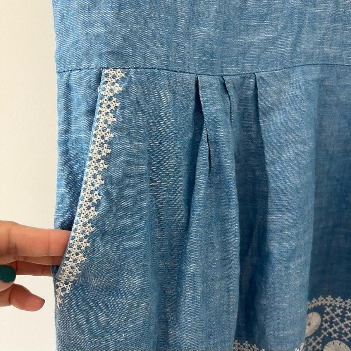 madewell embroidered chambray tunic dress Madewell Chambray Sunstitch Tunic Dress Blue White Embroidered BOHO Womens  S