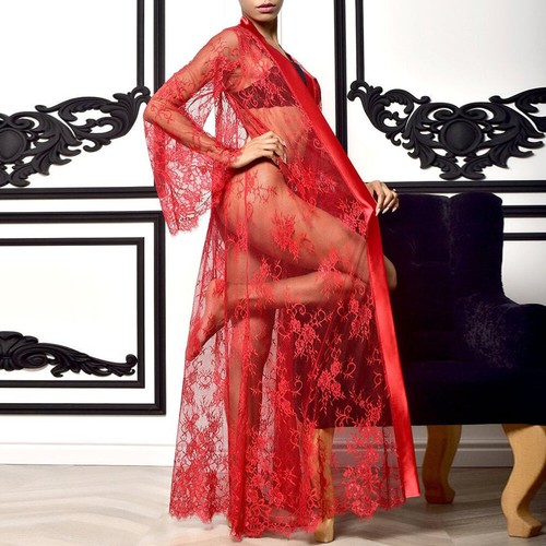 Women's Sexy Lingerie Lace Dress Sheer See Through Kimono Robe Nightgown - Picture 7 of 15