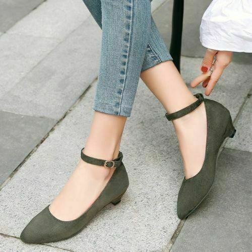 Women Ladies Kitten Low Heel Pointy Toe Buckle Shoes Mary Jane Plus Size US 4-11