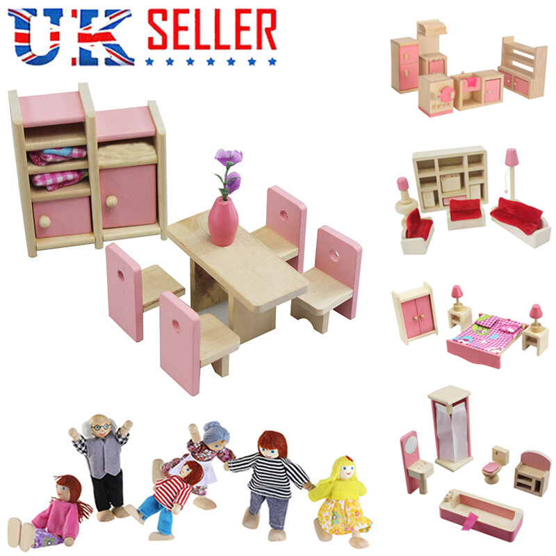 Wooden Dolls House Furniture Bundle Wood Doll Toys Miniature 6 People