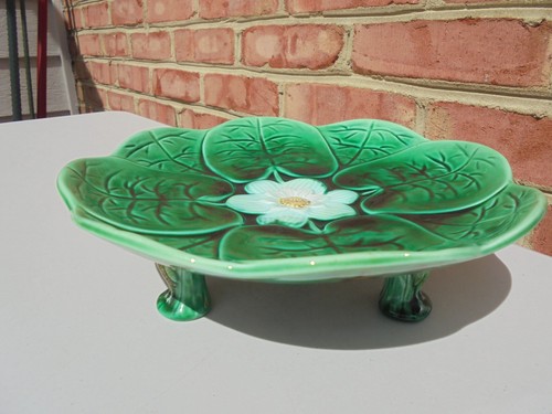 Antique Majolica Pond Lily Cake Stand Stork Feet Waterlily Lily Pad Ftd Dish - 第 1/11 張圖片